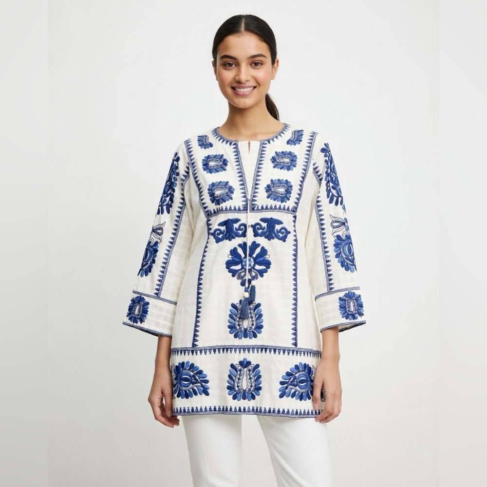 Boho Embroidered Tunic Top Cream Blue Floral Embroidery Sz M Festival Blouse